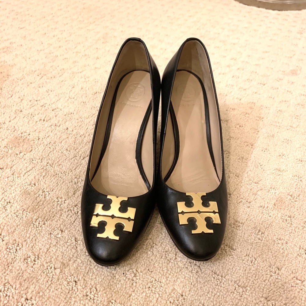 Rare Tory Burch Leather Black Lowell Wedges